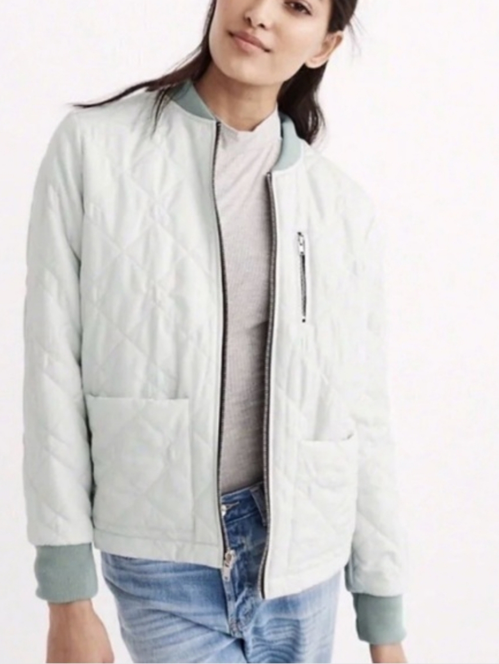 Abercrombie & Fitch Quilted Lightweight Bomber Jacket Reversible Cement Green M